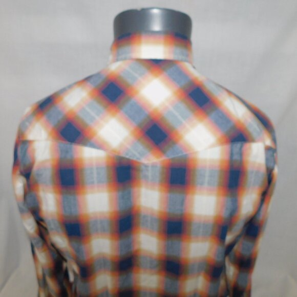 Roper Mens M Blue Cream Orange Plaid Snap Front Western Rodeo Shirt - Picture 10 of 12